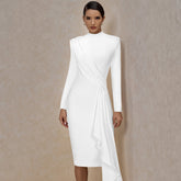 Rundhalsausschnitt Langarm Rüschen Midi Bandage Kleid PP20007